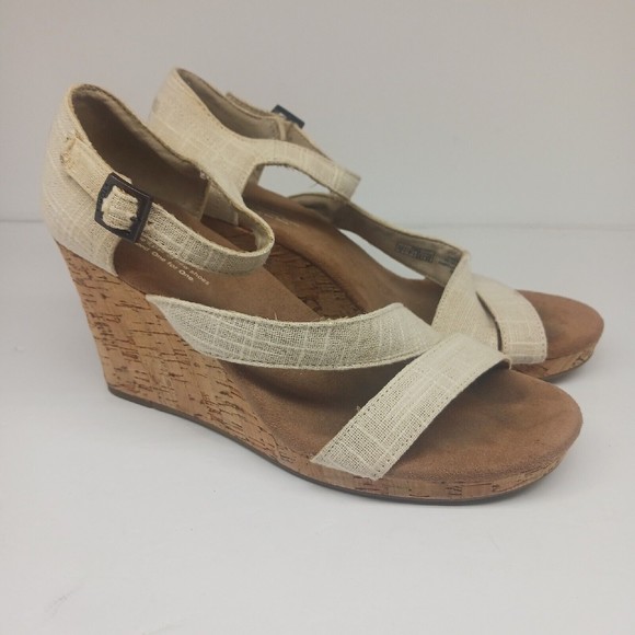 Toms Women’s Clarissa Tan Cork Wedge Buckle Ankle Strap Sandals Heels Sz 6W - Picture 1 of 6